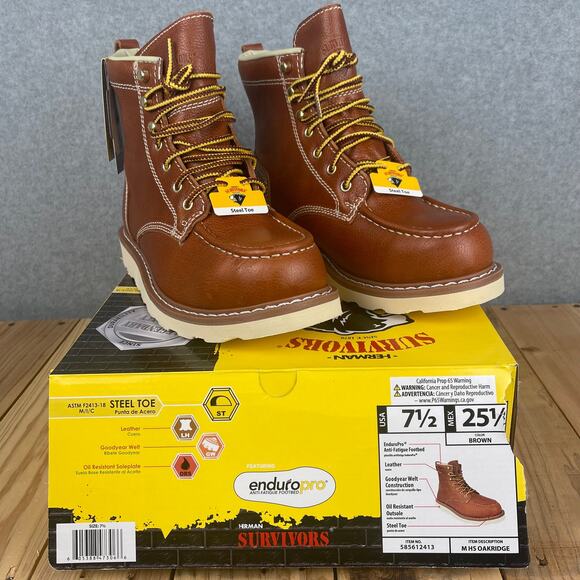 Q0003 Herman Survivors Oakridge Brown Leather Steel Toe Boots Men's Size 7.5 - Picture 1 of 7